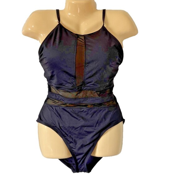 La Blanca 10 Black High Neck Mesh Inset One Piece Swimsuit Island Goddess - Picture 2 of 6